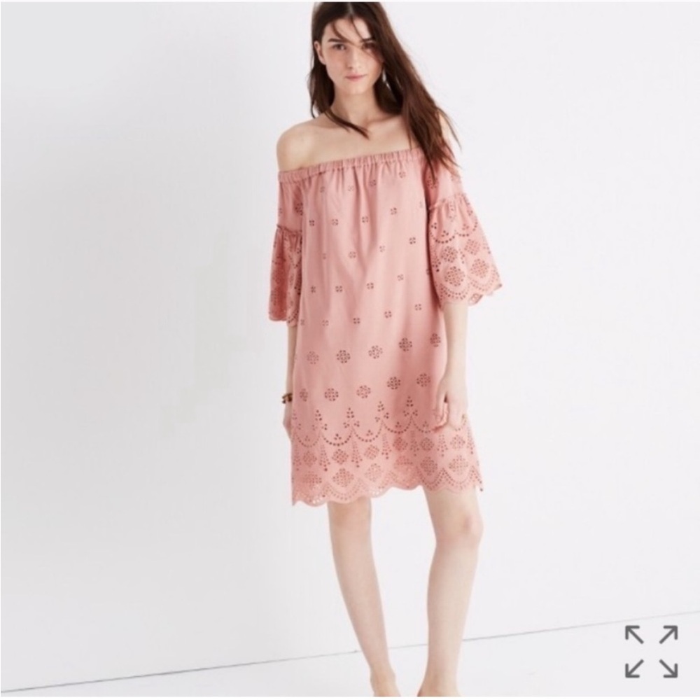 Madewell Eyelet Off-the-Shoulder Dress Dusty Rose Pink Lace Scalloped Size 0